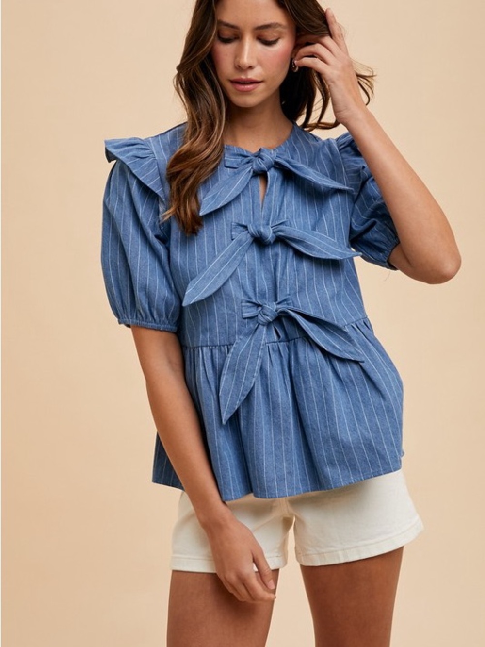 Annie Blue Pinstripe Bow-Front Peplum Blouse